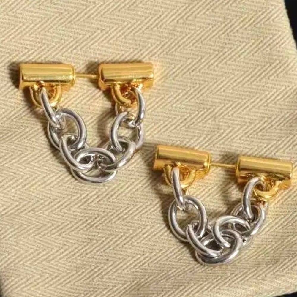 Chunky Chain Link Earrings 2 Two Tone Gold Silver Mixed Metal Rabanne STYLE F01 - Picture 4 of 5